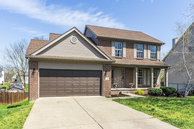 view of front of house with a porch, a garage, fence, concrete driveway, and brick siding