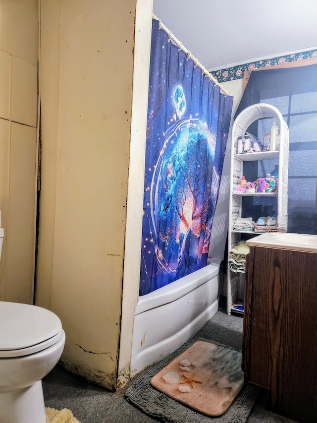 full bathroom with toilet, vanity, a shower with shower curtain, and a bathtub
