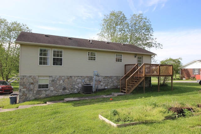 312 Springhurst Dr, Berea, KY 40403 - back of house featuring a wooden deck, stone siding, cooling unit, stairs, and a lawn