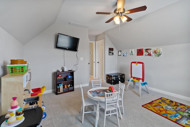 159 Gleneagles Blvd, Richmond, KY 40475 - rec room featuring baseboards, vaulted ceiling, carpet floors, visible vents, and ceiling fan