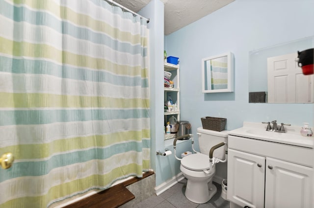 bathroom with vanity, tile patterned floors, toilet, and a shower with curtain