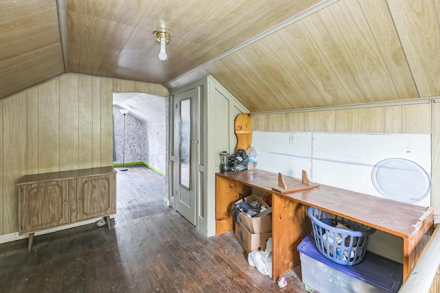 bonus room featuring wood walls, wood ceiling, dark wood-style floors, and lofted ceiling