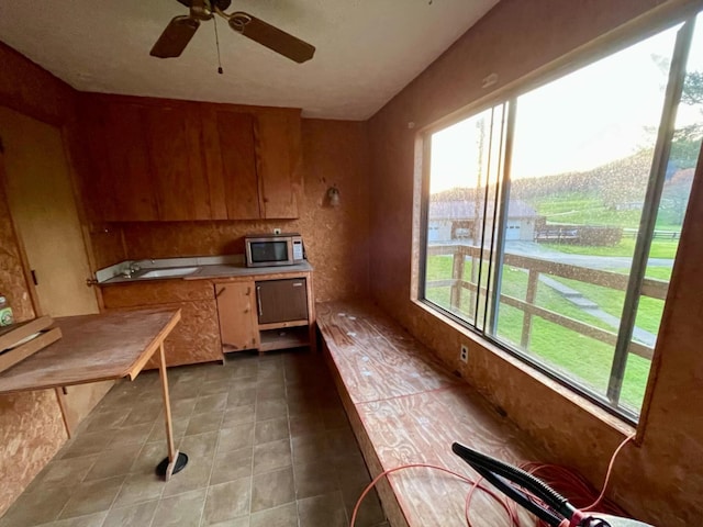 1459 Buck Lick Rd, Tollesboro, KY 41189 - kitchen featuring stainless steel microwave, ceiling fan, tile patterned floors, and light countertops