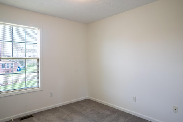 spare room featuring baseboards, carpet flooring, visible vents, and plenty of natural light