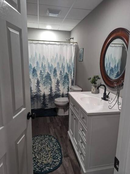bathroom featuring a shower with shower curtain, vanity, toilet, visible vents, and wood finished floors