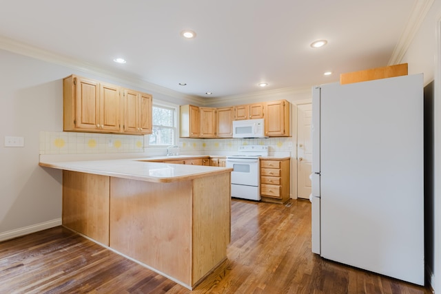 kitchen featuring ornamental molding, a peninsula, light brown cabinets, and white appliances