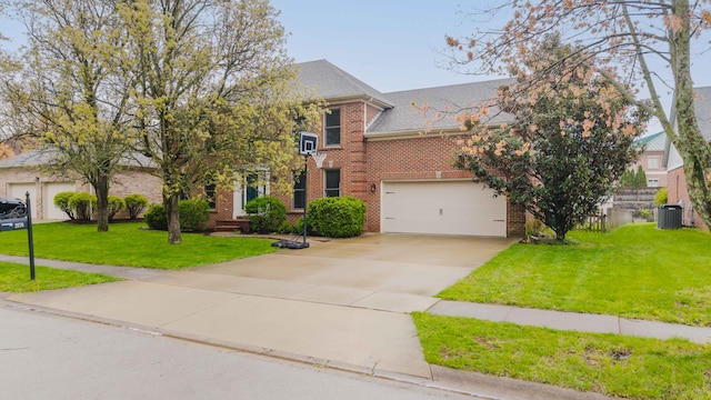 view of front facade featuring brick siding, a garage, driveway, central AC, and a front lawn