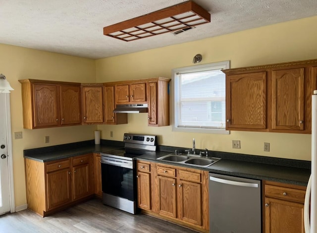 115 Georgia St, Winchester, KY 40391 - kitchen featuring light wood-style floors, under cabinet range hood, dark countertops, a sink, and stainless steel appliances