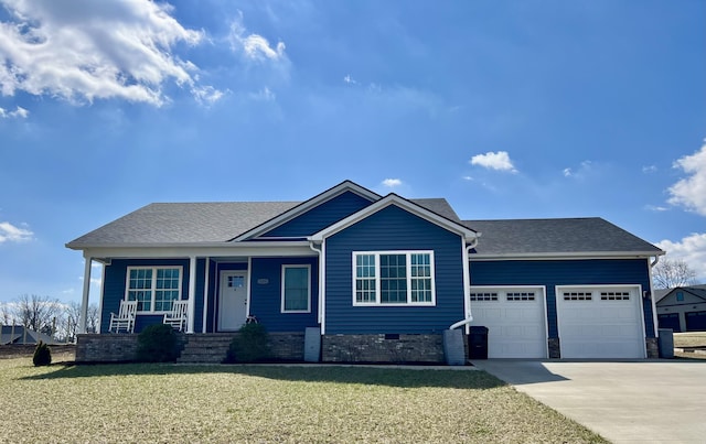 108 Allyson Cir, Junction City, KY 40440 - craftsman house with concrete driveway, roof with shingles, an attached garage, a front yard, and covered porch