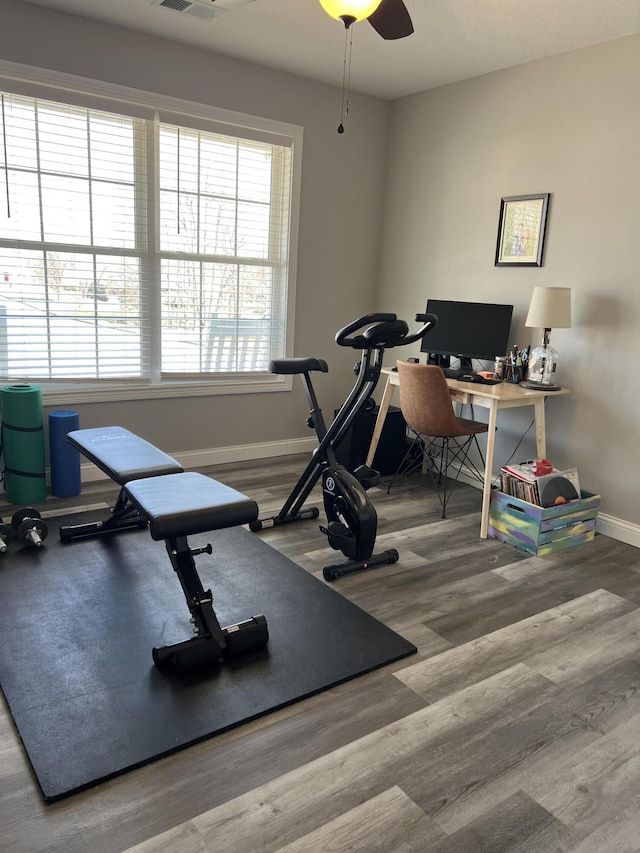 108 Allyson Cir, Junction City, KY 40440 - workout area with ceiling fan, baseboards, visible vents, and wood finished floors