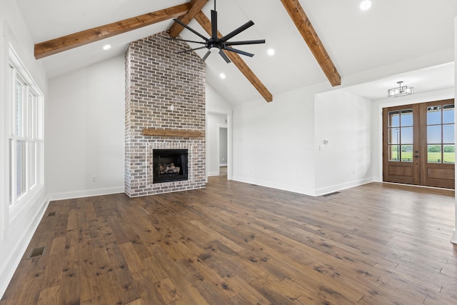 215 Berkley Hall Dr, Berea, KY 40403 - unfurnished living room featuring beamed ceiling, a ceiling fan, a fireplace, dark wood finished floors, and high vaulted ceiling