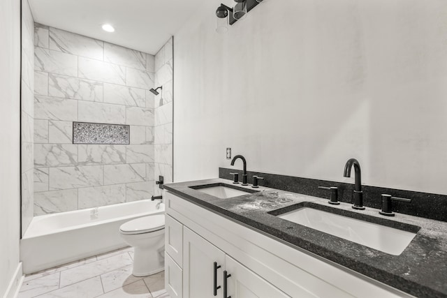 full bath with recessed lighting, marble finish floor, a sink, and toilet