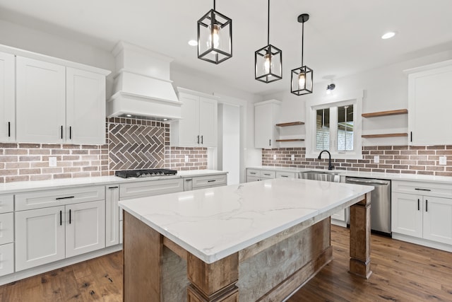 215 Berkley Hall Dr, Berea, KY 40403 - kitchen featuring open shelves, stainless steel dishwasher, a sink, custom range hood, and gas cooktop