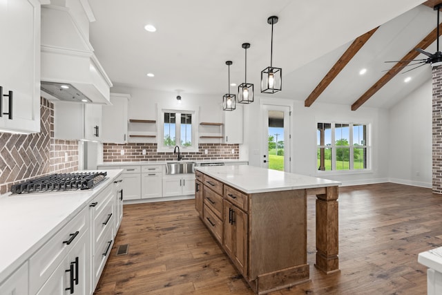 215 Berkley Hall Dr, Berea, KY 40403 - kitchen with stainless steel gas stovetop, custom range hood, a sink, open shelves, and tasteful backsplash