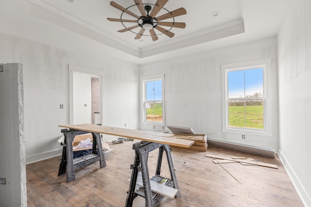 unfurnished office featuring crown molding, a tray ceiling, a ceiling fan, and hardwood / wood-style flooring