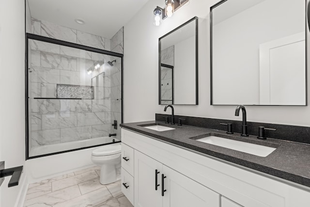 215 Berkley Hall Dr, Berea, KY 40403 - bathroom featuring marble look tiles, enclosed tub / shower combo, toilet, and double vanity