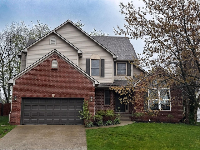 traditional home featuring concrete driveway, a front lawn, brick siding, and roof with shingles