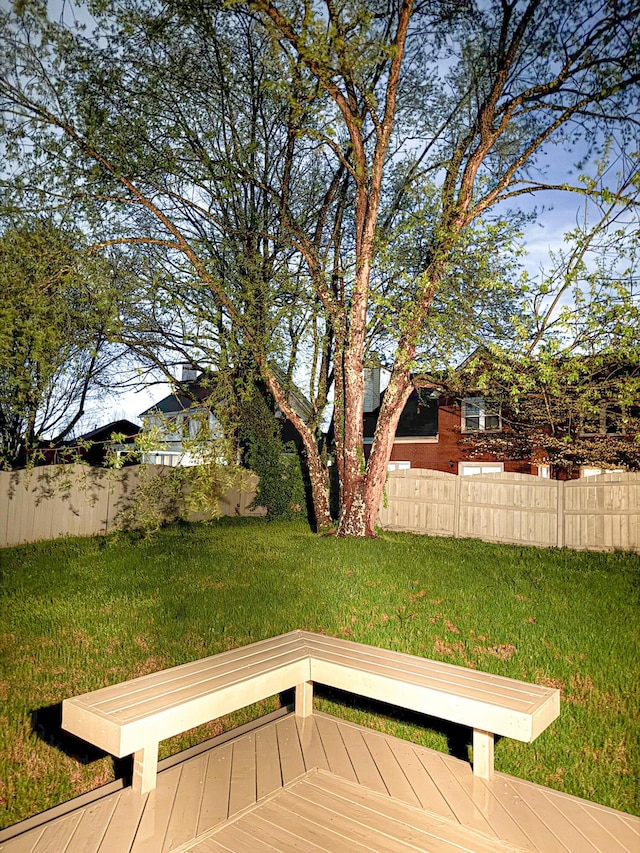 wooden terrace featuring fence and a lawn