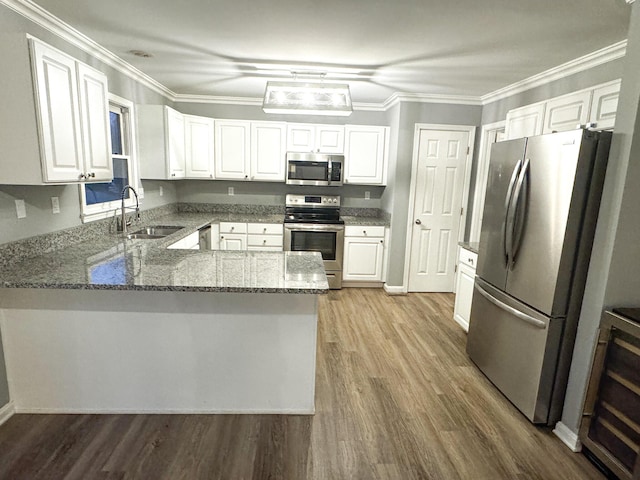 kitchen with stainless steel appliances, a peninsula, a sink, wood finished floors, and light stone countertops