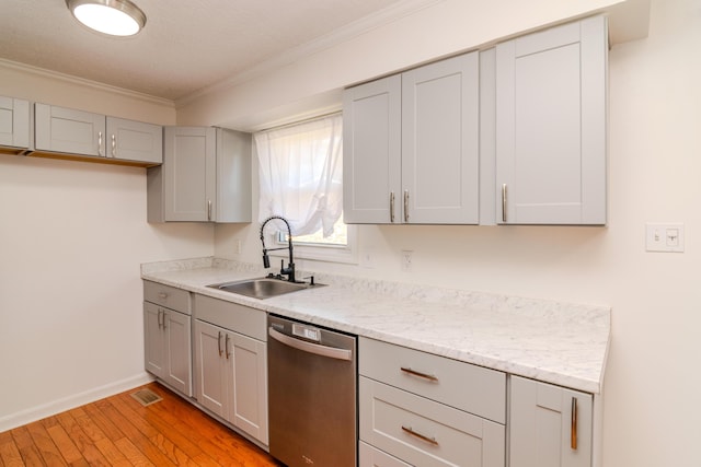 406 Kenway St, Berea, KY 40403 - kitchen featuring crown molding, stainless steel dishwasher, gray cabinets, and a sink
