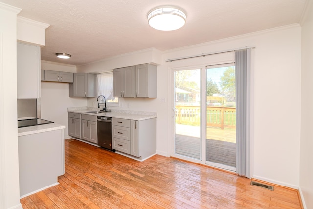 406 Kenway St, Berea, KY 40403 - kitchen featuring crown molding, visible vents, light wood finished floors, and gray cabinets