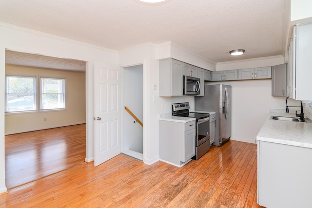 406 Kenway St, Berea, KY 40403 - kitchen with a sink, light wood-type flooring, light countertops, appliances with stainless steel finishes, and gray cabinetry