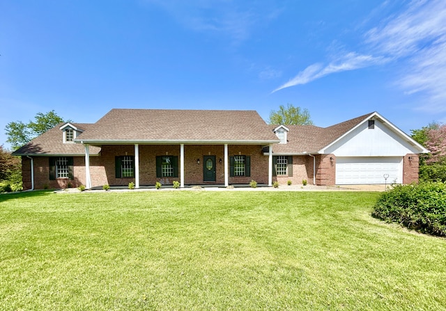 ranch-style house with brick siding, an attached garage, a front lawn, and a shingled roof