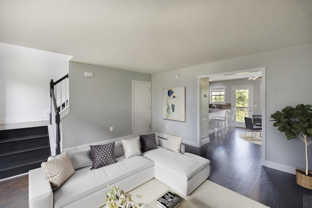 2045 Kearns Way, Richmond, KY 40475 - living room featuring stairs, dark wood-style floors, and baseboards