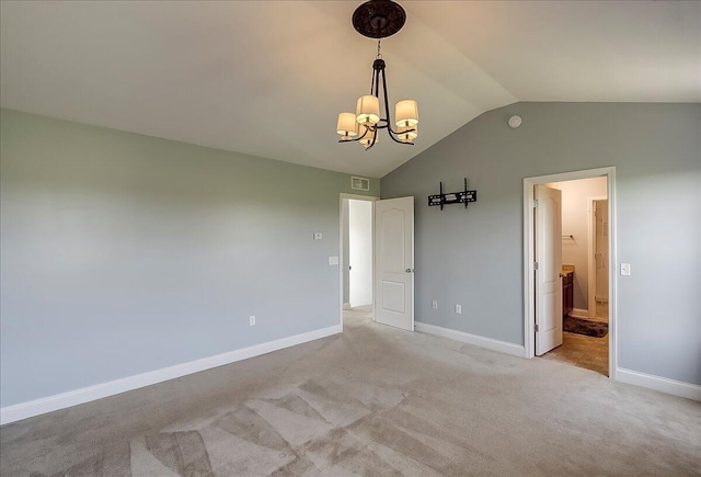 2045 Kearns Way, Richmond, KY 40475 - unfurnished bedroom with vaulted ceiling, a chandelier, baseboards, light colored carpet, and connected bathroom