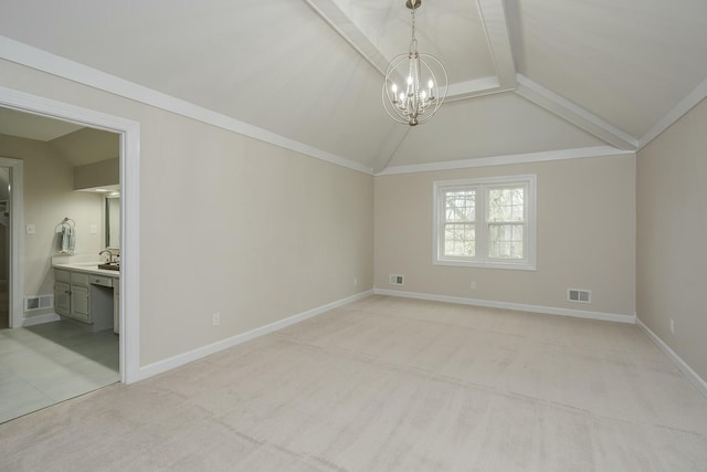 unfurnished dining area with light colored carpet, visible vents, a notable chandelier, and vaulted ceiling