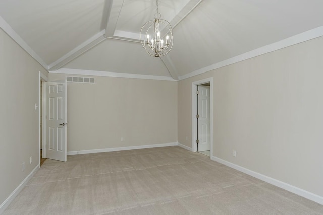 unfurnished room with a chandelier, light carpet, beamed ceiling, and visible vents