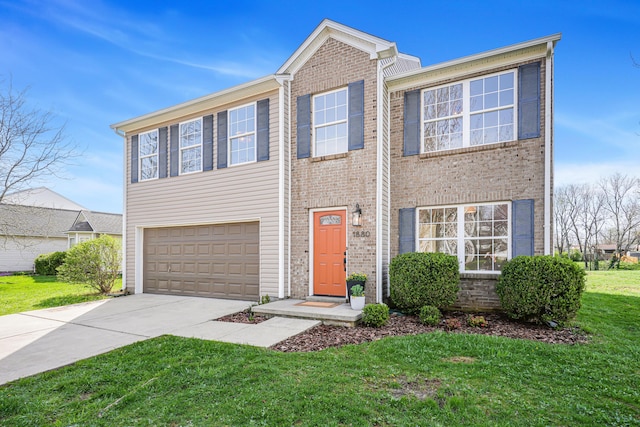 view of front of home featuring an attached garage, concrete driveway, brick siding, and a front yard