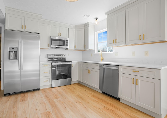 kitchen with visible vents, light countertops, a sink, light wood-style floors, and stainless steel appliances
