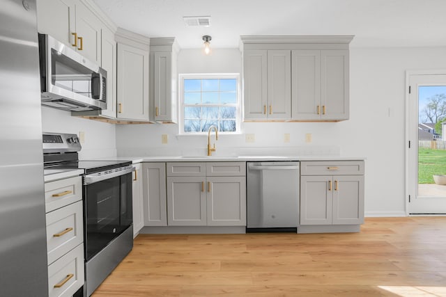 kitchen featuring gray cabinets, visible vents, light wood-type flooring, a sink, and stainless steel appliances