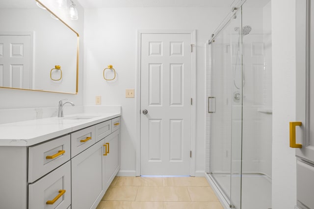 full bath featuring vanity, tile patterned floors, and a shower stall
