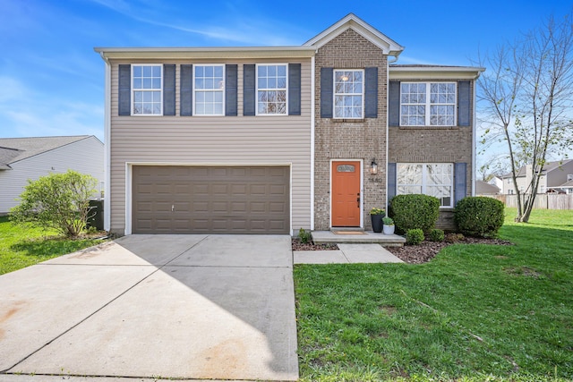 traditional-style home with concrete driveway, brick siding, a front yard, and a garage