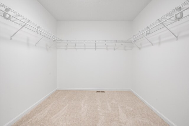 spacious closet with light colored carpet and visible vents