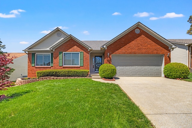 ranch-style house featuring brick siding, driveway, a front lawn, and a garage