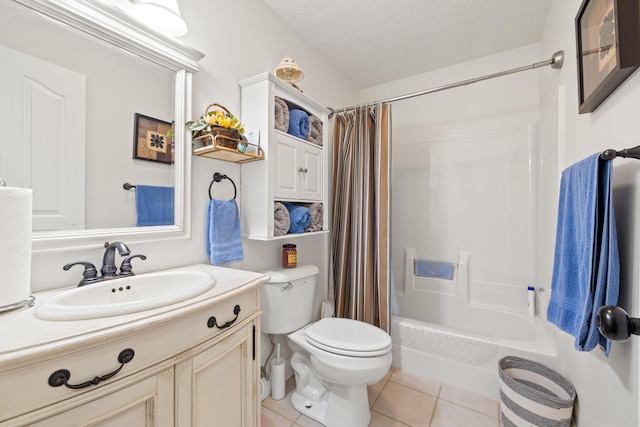 full bathroom with tile patterned flooring, shower / bathtub combination with curtain, vanity, and toilet