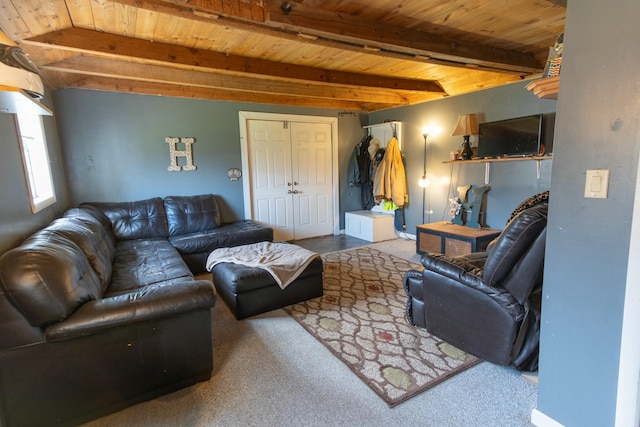 carpeted living area featuring wooden ceiling and beamed ceiling