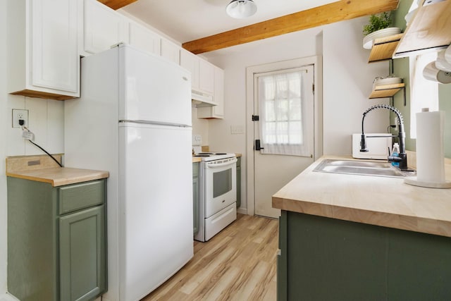 kitchen featuring light wood finished floors, a sink, white appliances, green cabinets, and under cabinet range hood