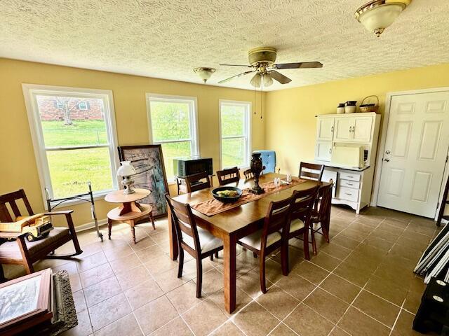 dining room with a textured ceiling, ceiling fan, baseboards, and dark tile patterned flooring