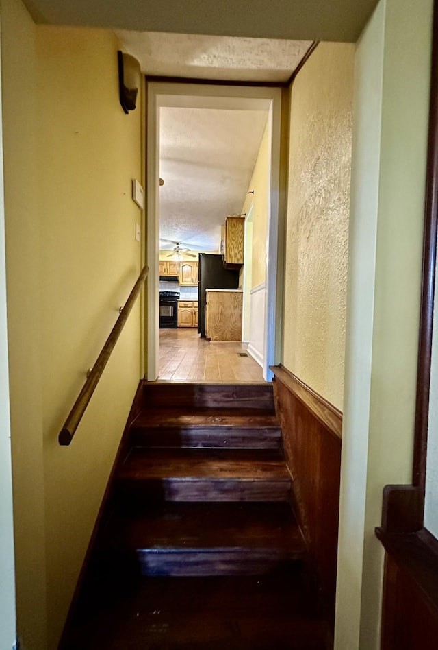 stairway with hardwood / wood-style floors