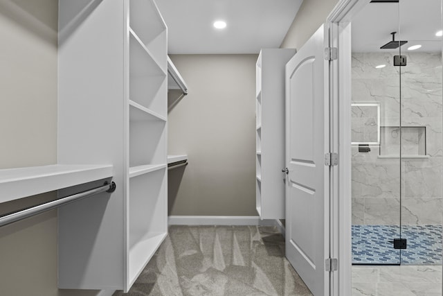 walk in closet with carpet flooring
