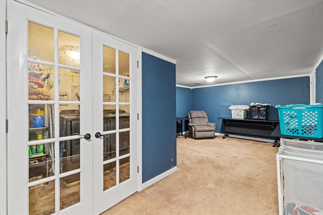 100 Lair St, Mount Vernon, KY 40456 - living area with carpet flooring, french doors, baseboards, and crown molding