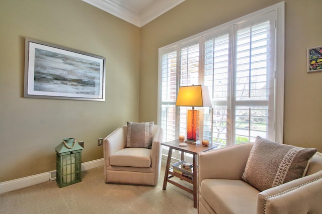living area featuring carpet floors, ornamental molding, and baseboards