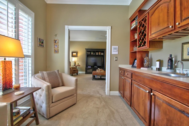 bar featuring a sink, ornamental molding, and light colored carpet
