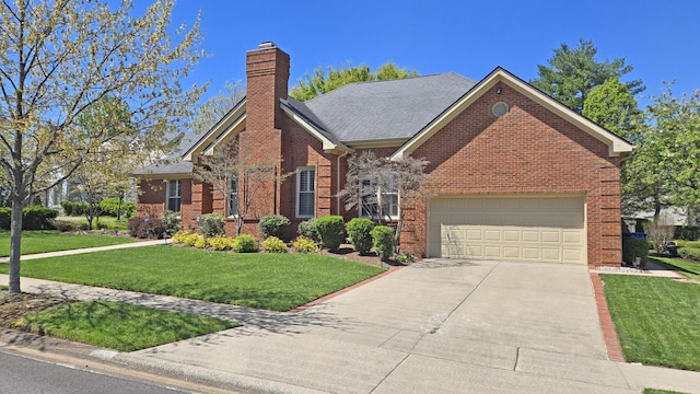 view of front facade featuring an attached garage, brick siding, a front yard, a chimney, and driveway