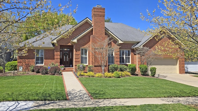 view of front of home with a front lawn, brick siding, a garage, a chimney, and concrete driveway