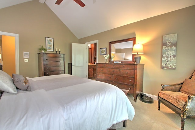 bedroom with carpet flooring, ceiling fan, high vaulted ceiling, baseboards, and beamed ceiling